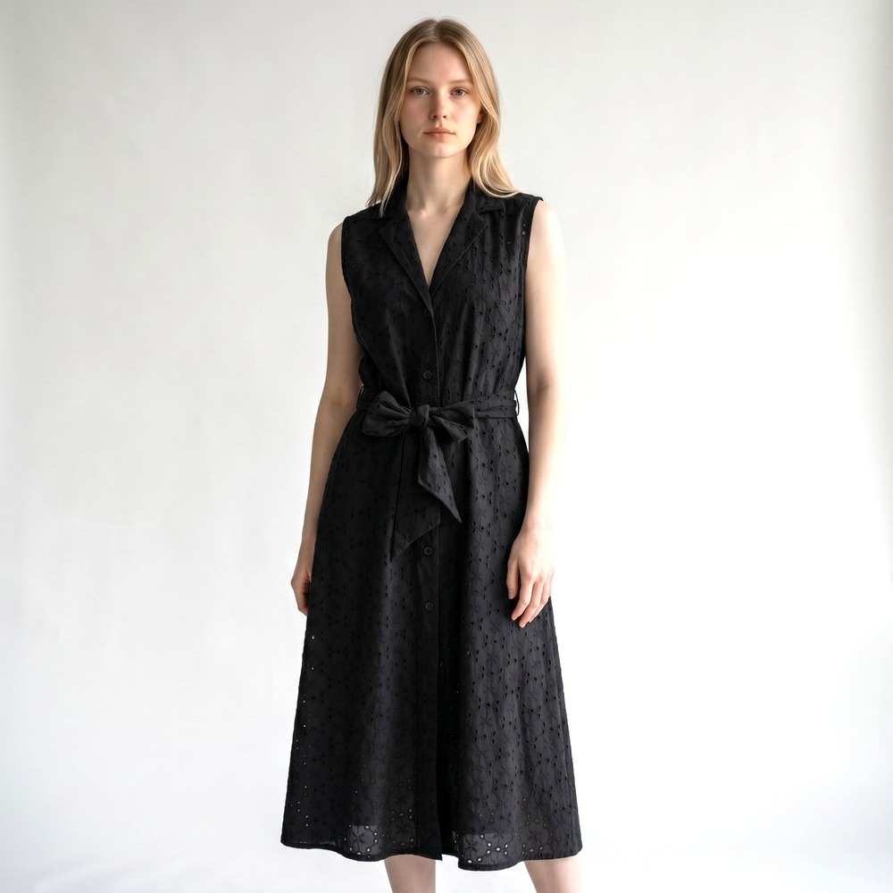 The J. Peterman Company Black Eyelet Shirtdress Size 8 Classic Retro Feminine